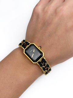 1987 Chanel Premiere Gold Tone Chain Black Leather Quartz Wrist Watch