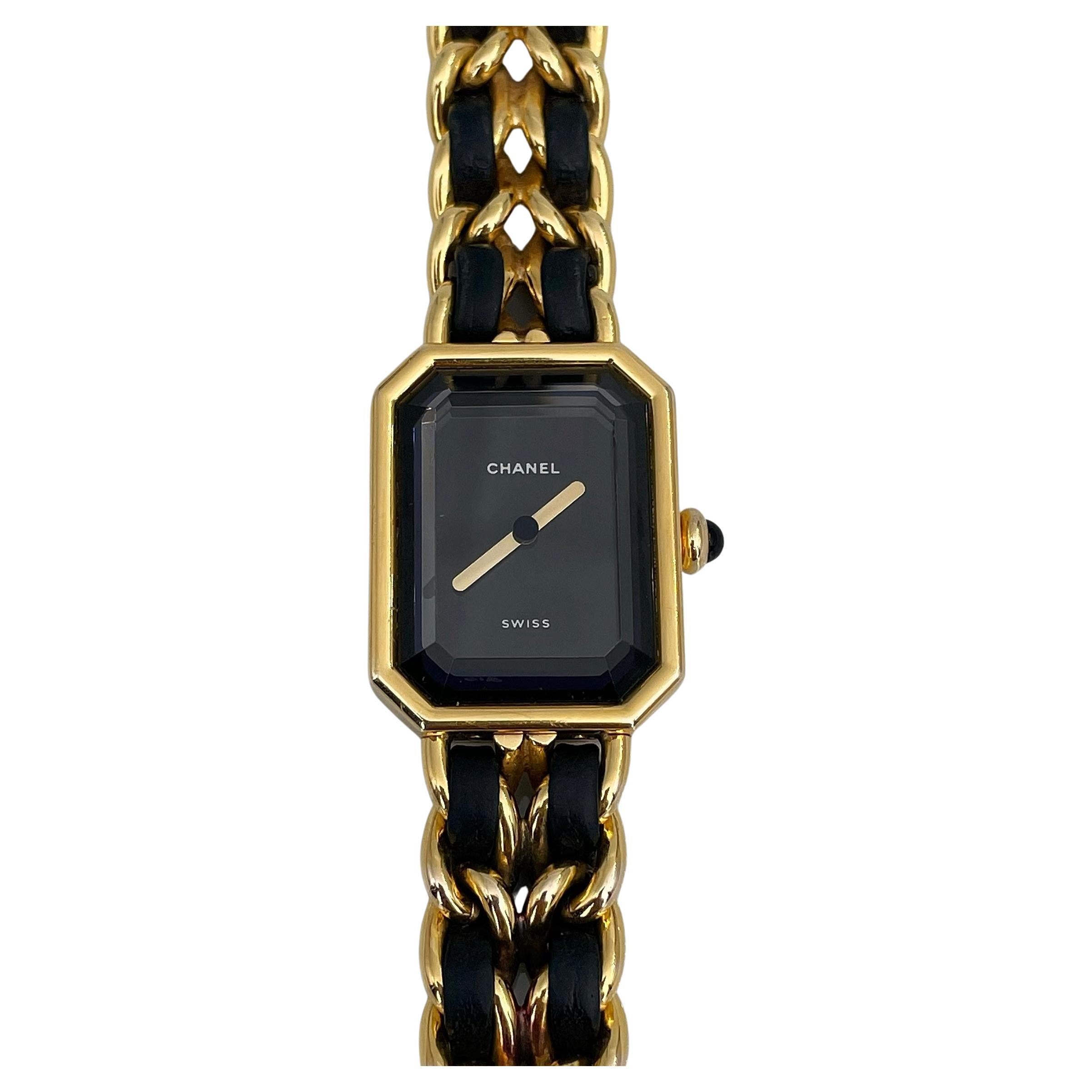 1987 Chanel Premiere Gold Tone Chain Black Leather Quartz Wrist Watch