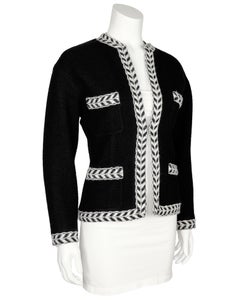 1987 Chanel Spring Summer Black and White Wool Jacket with Herringbone Trim