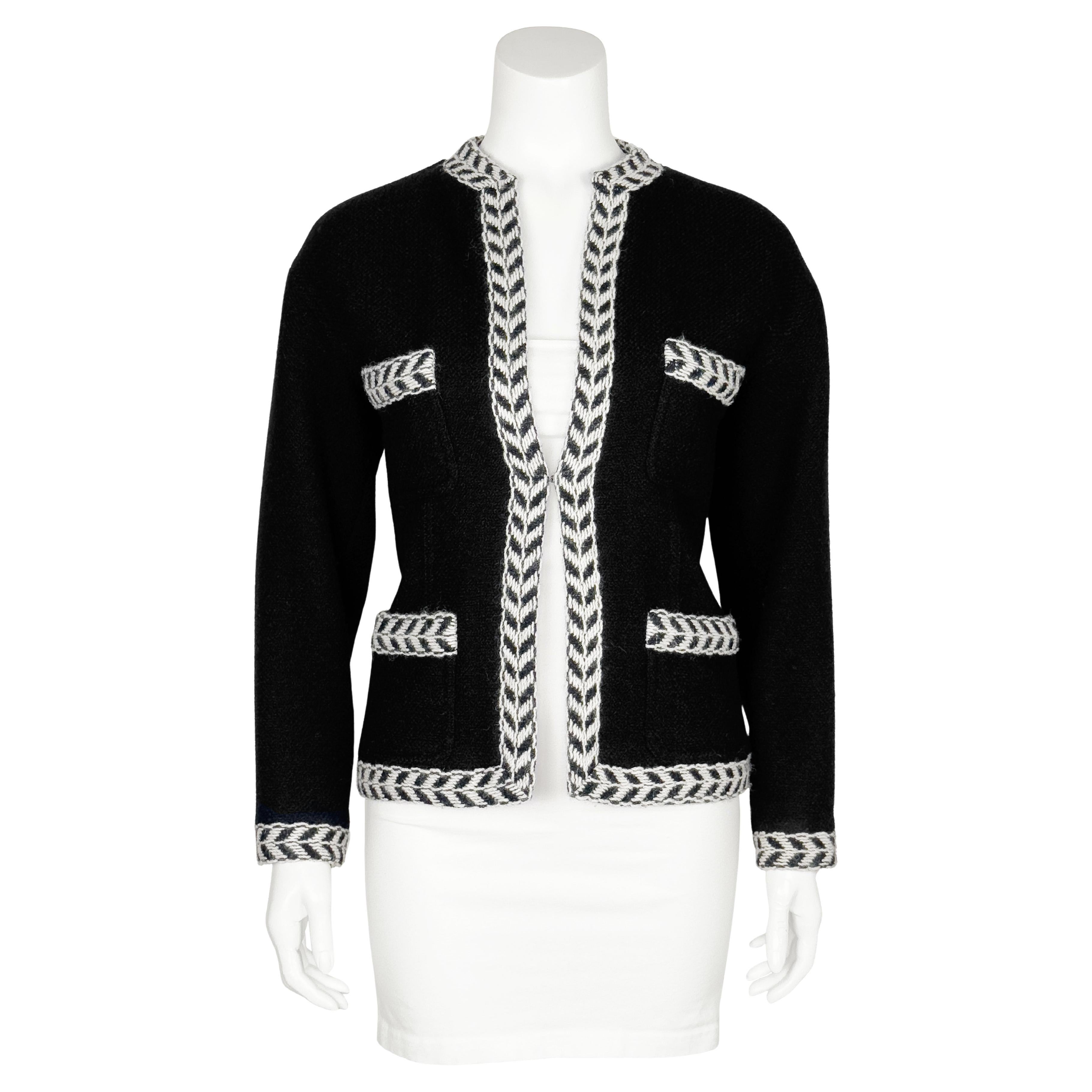 1987 Giacca Chanel primavera-estate in lana bianca e nera con finiture a spina di pesce