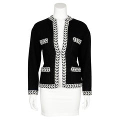1987 Chanel Spring Summer Black and White Wool Jacket with Herringbone Trim