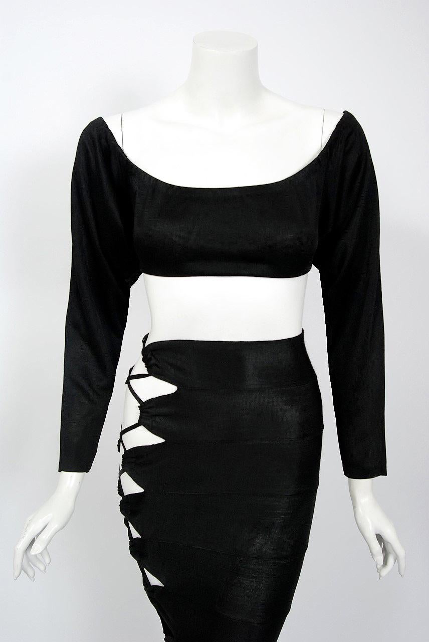 Black Vintage 1987 Cher Witches of Eastwick Movie-Worn Alaia Lace Up Skirt & Crop Top