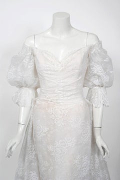 Vintage 1987 Christian Dior Haute Couture White Lace Off-Shoulder Bridal Gown