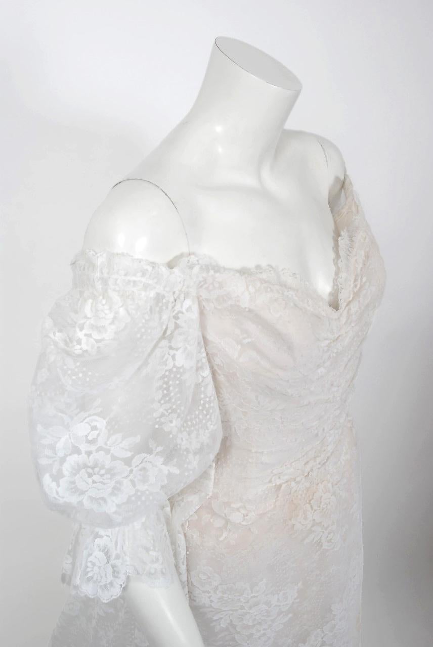 Gray Vintage 1987 Christian Dior Haute Couture White Lace Off-Shoulder Bridal Gown