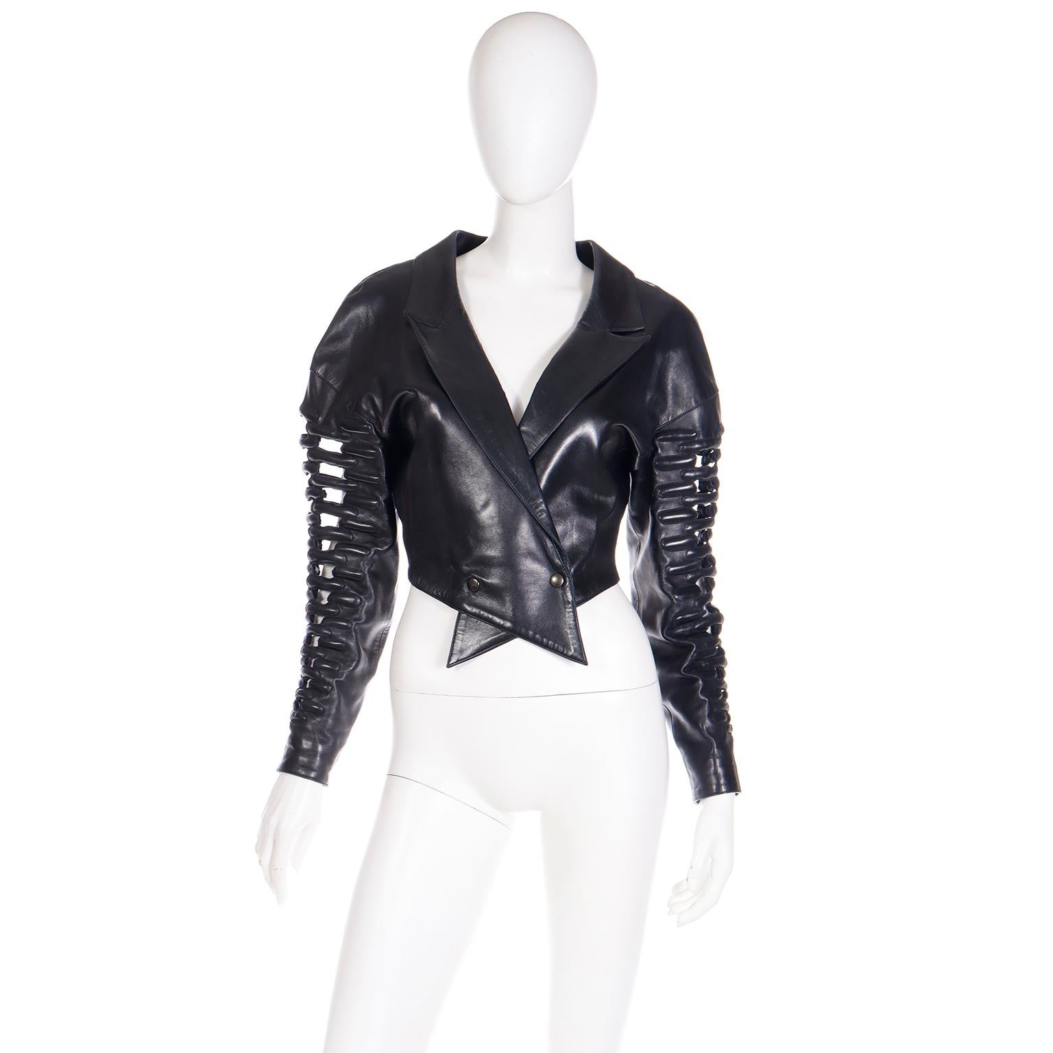 Women's 1987 Claude Montana Black Lambskin Leather Runway Jacket W Cutwork Arms & Back