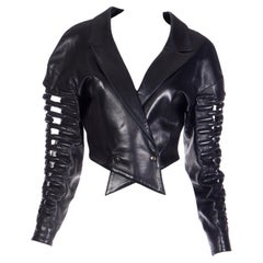 1987 Claude Montana Black Lambskin Leather Runway Jacket W Cutwork Arms & Back