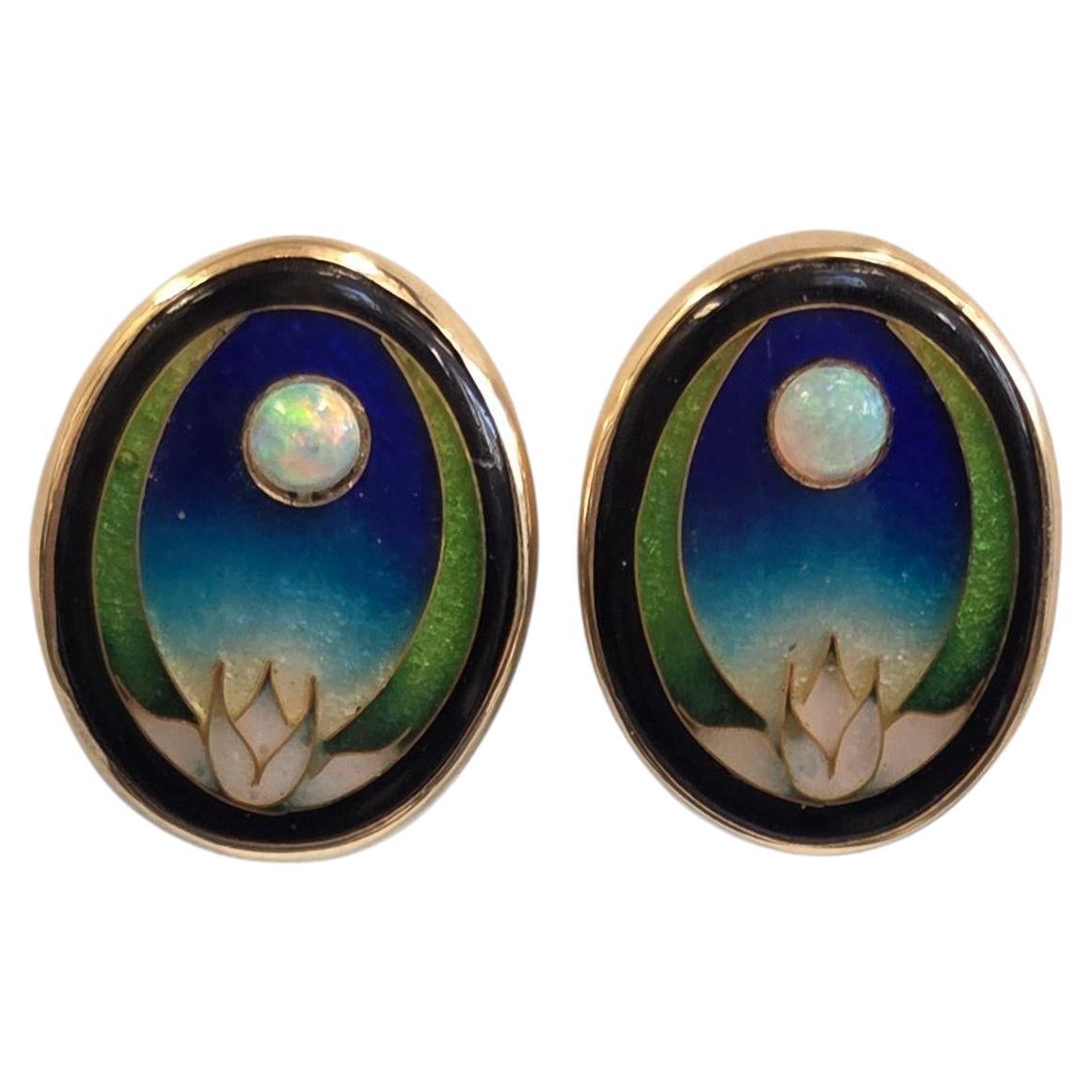 1987 Fusaiy Demski Magick Pendientes de oro amarillo de 14 k Ópalo Flor de Loto #23876 en venta