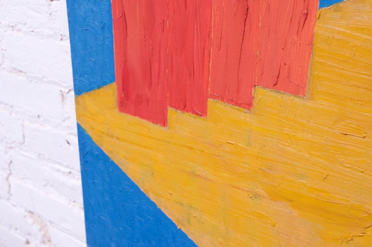 Vibrante acrylique Op Art des années 1980 sur toile en jaune, rouge et bleu.
Signé 