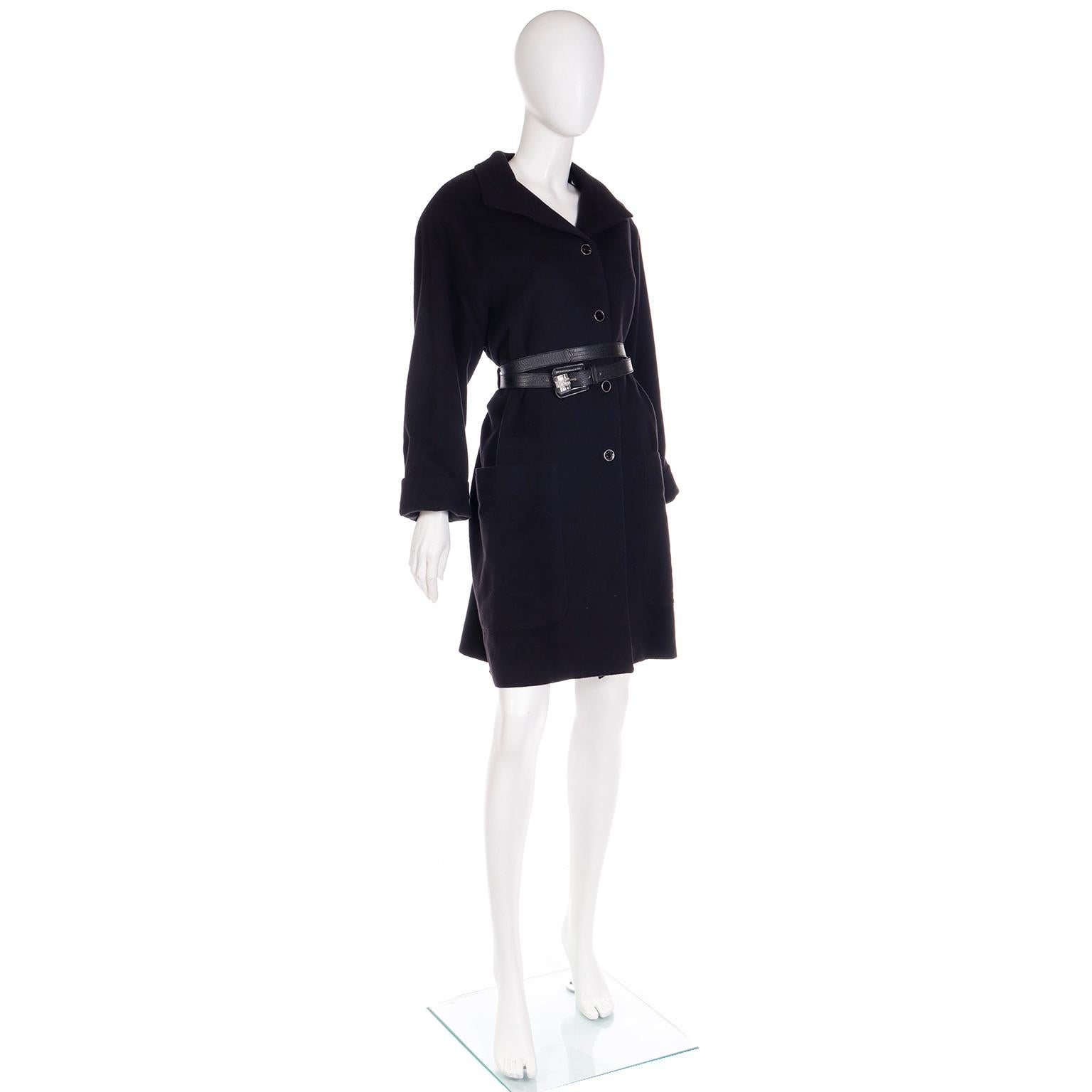 Women's 1987 Gianni Versace Vintage Black Wool Coat With Leather Belt