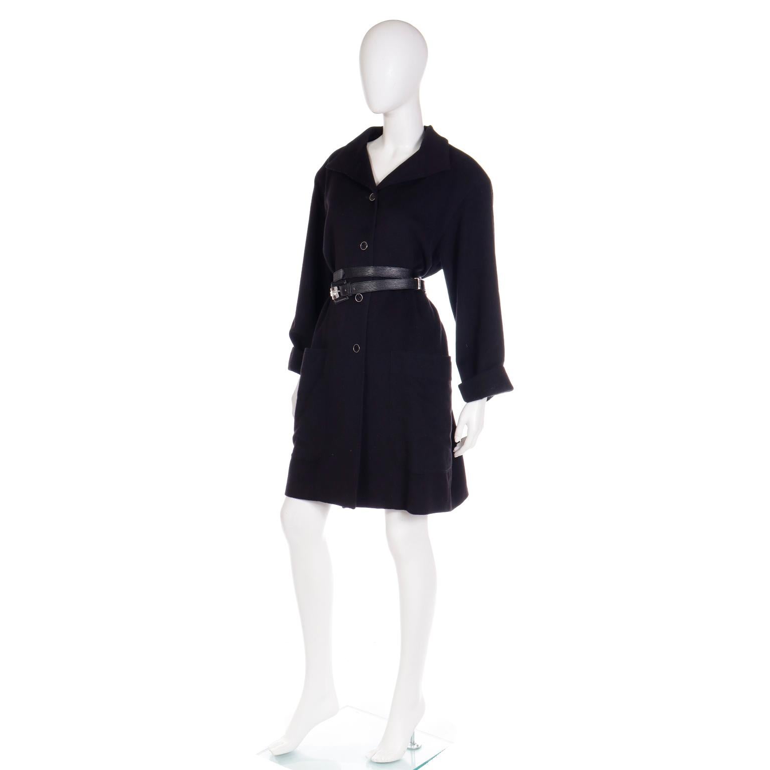 1987 Gianni Versace Vintage Black Wool Coat With Leather Belt 3