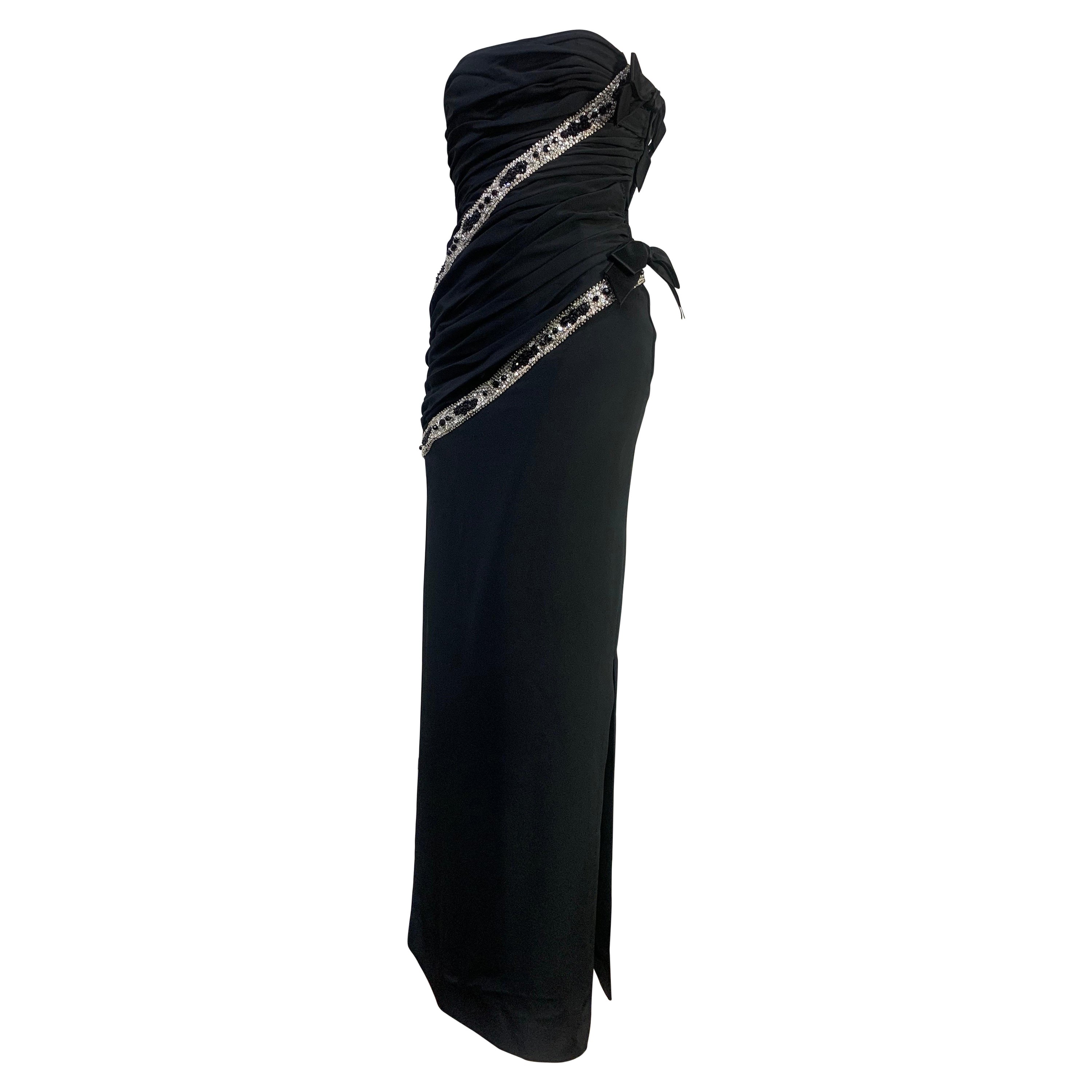 1987 James Galanos Schwarzes trägerloses Korsettkleid aus Seidenkrepp mit Kristallperlenstickerei