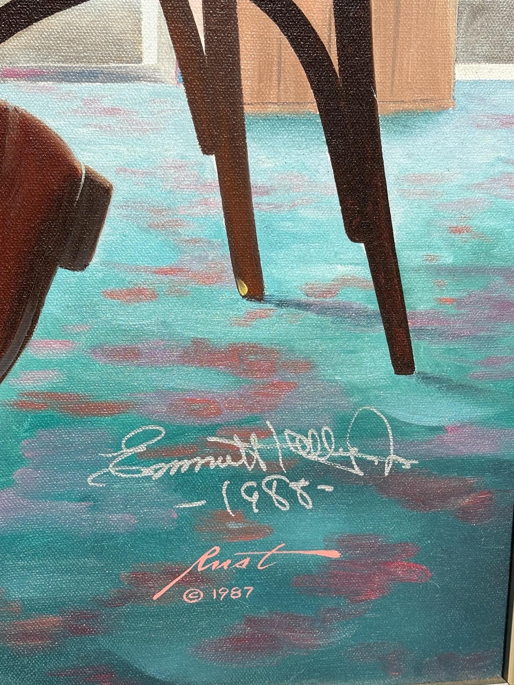 Signed American oil on canvas jointly painted by listed artist Donald Rust (b.1932) and Emmett Kelly. The painting depicts a middle aged, portly couple, eating desert in the window of a restaurant, with Emmett Kelly, the highly acclaimed American