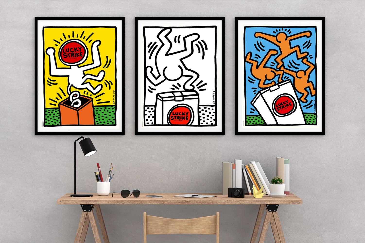 Swiss 1987 Keith Haring Lucky Strike Set of Three Original Vintage Posters For Sale