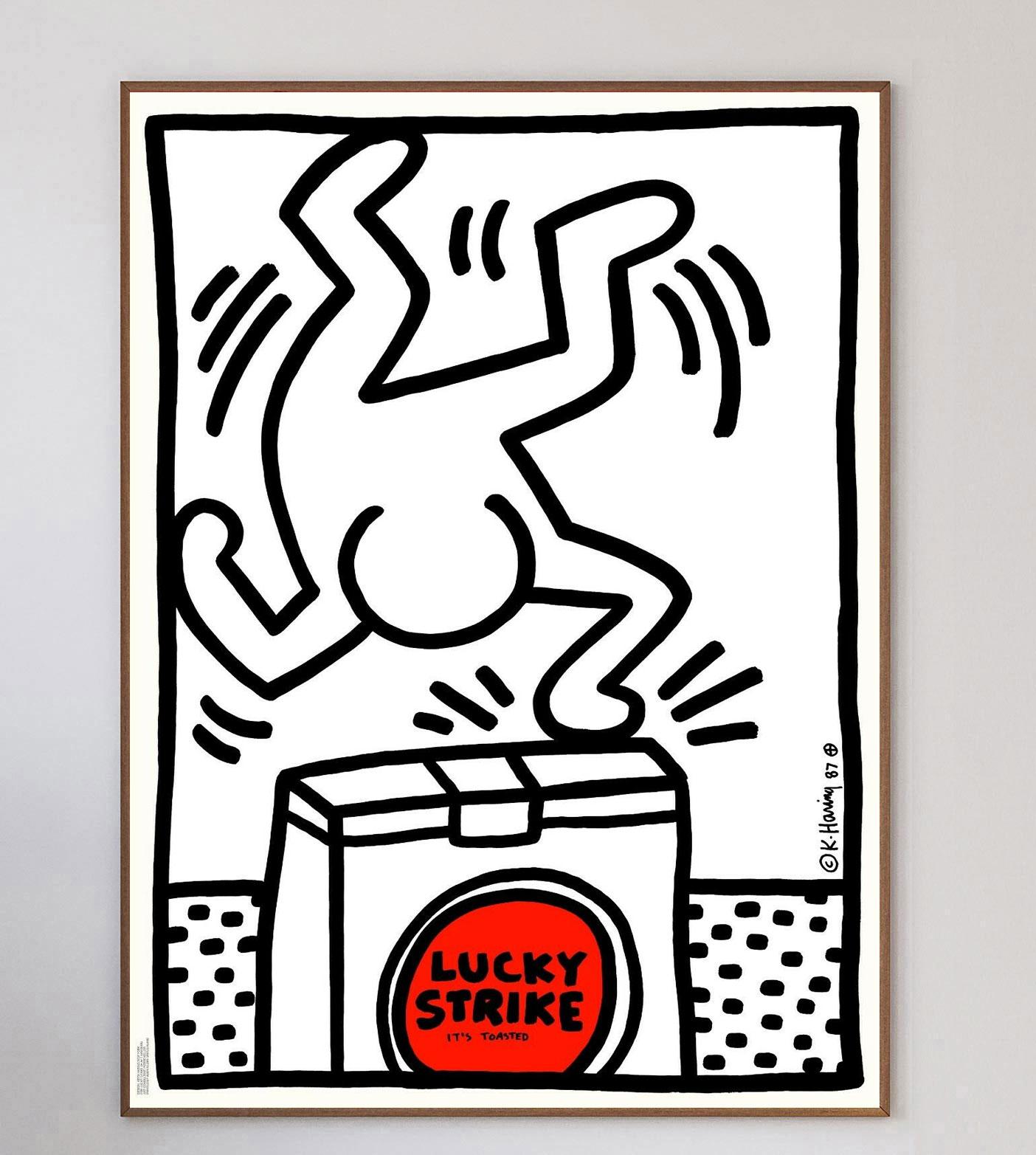 Cigarette brand Lucky Strike commissioned Keith Haring to design a series of posters & advertisements for them in 1987. In turn, Haring submitted 10 pieces in his trademark and unique style, 9 of which were accepted. The 10th piece, Haring wrote in