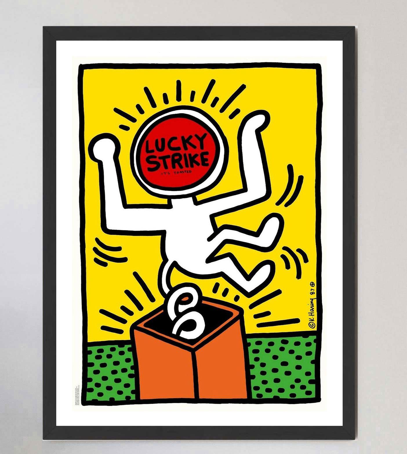 Fin du 20e siècle Affiche vintage originale jaune Lucky Strike de Keith Haring, 1987 en vente