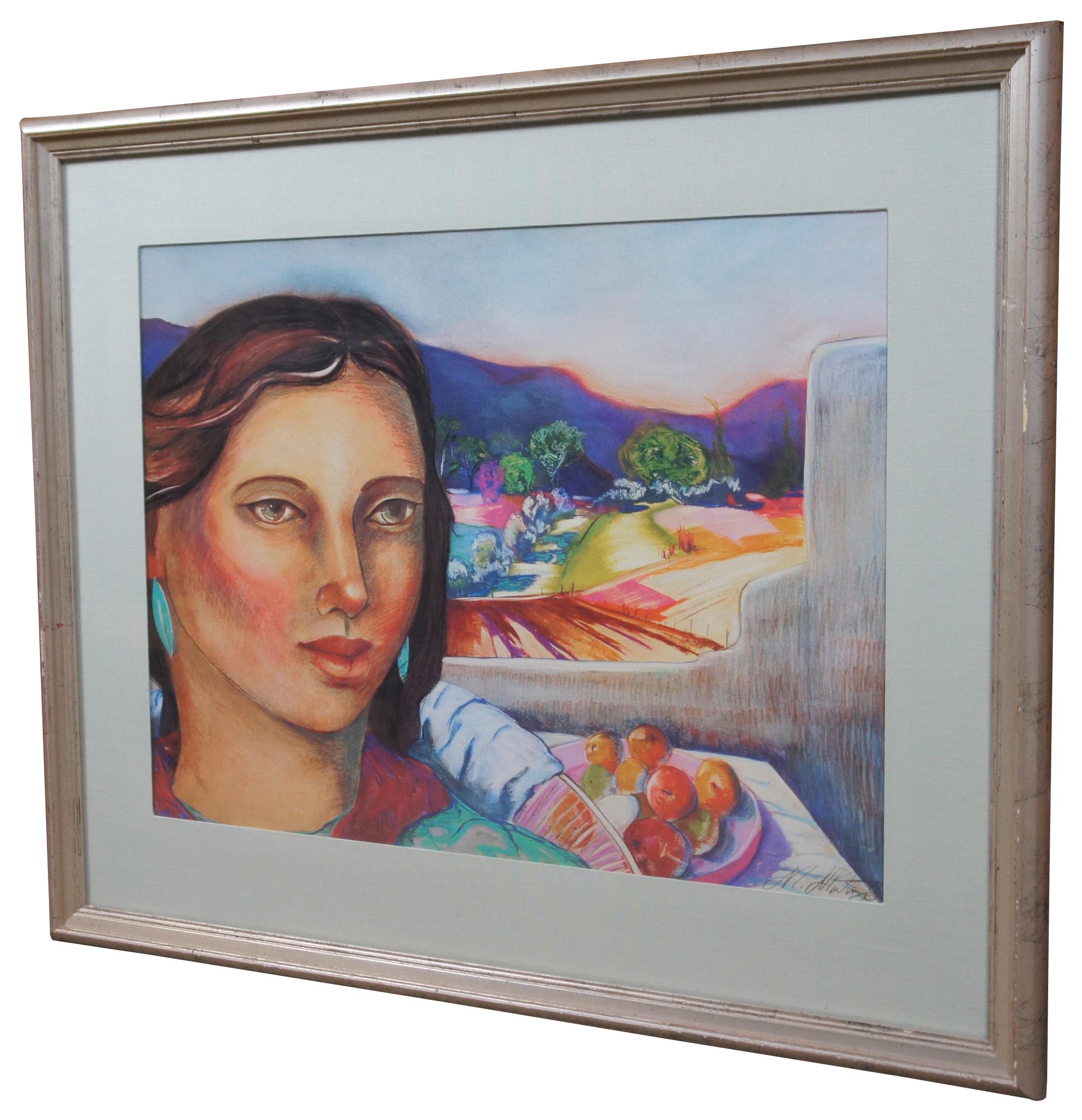 Vintage 1987 lithograph print by artist Miguel Martinez signed in stone, showing a woman on a balcony with a southwestern landscape of fields and hills and fruit. “The youngest son of Hispanic parents, Miguel Martinez was born in New Mexico in