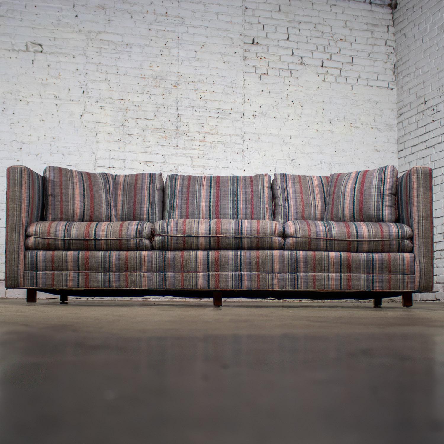 1987 Modern Tuxedo Style Sofa by Thomasville Navy, Gray, Red, & Lavender Striped For Sale 4
