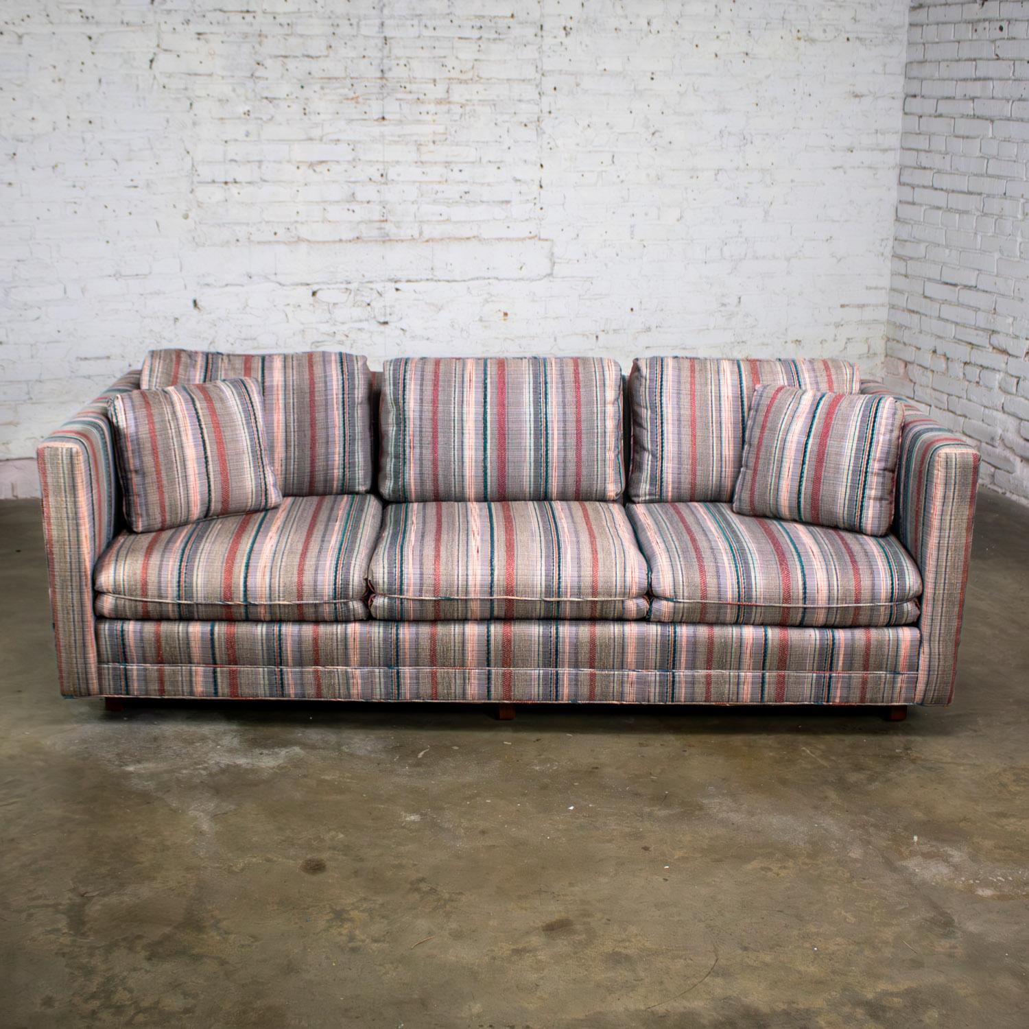 1987 Modern Tuxedo Style Sofa by Thomasville Navy, Gray, Red, & Lavender Striped For Sale 5