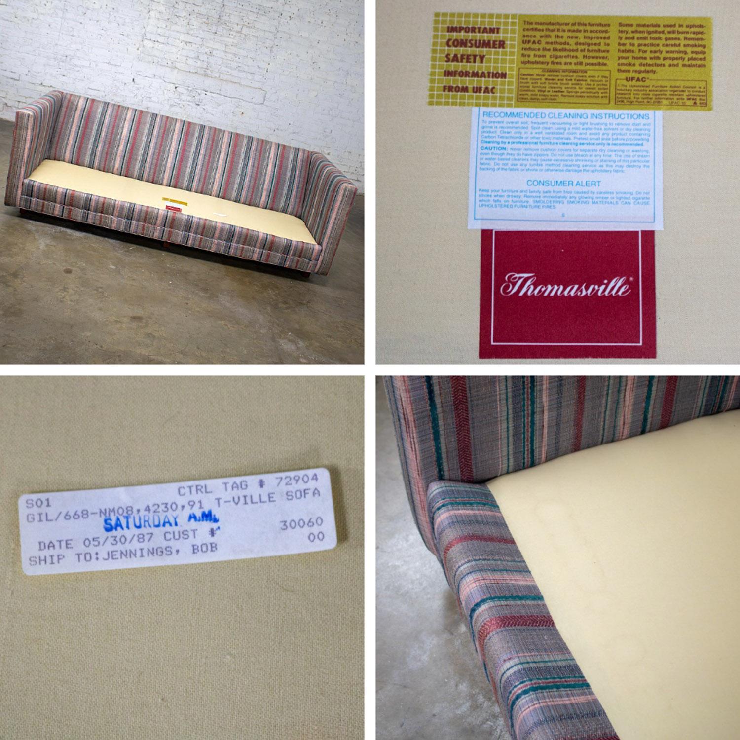 1987 Modern Tuxedo Style Sofa by Thomasville Navy, Gray, Red, & Lavender Striped For Sale 6