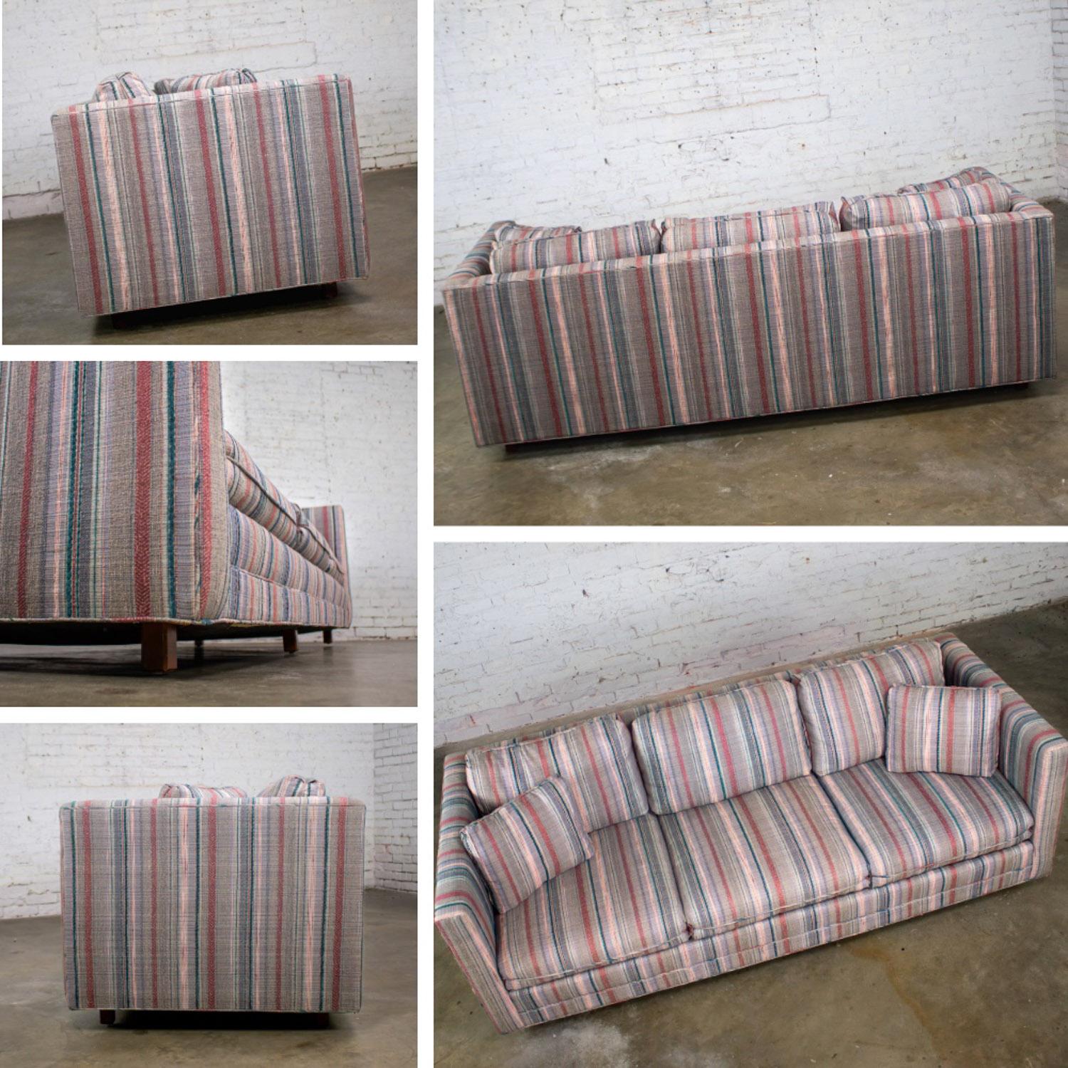 1987 Modern Tuxedo Style Sofa by Thomasville Navy, Gray, Red, & Lavender Striped For Sale 7