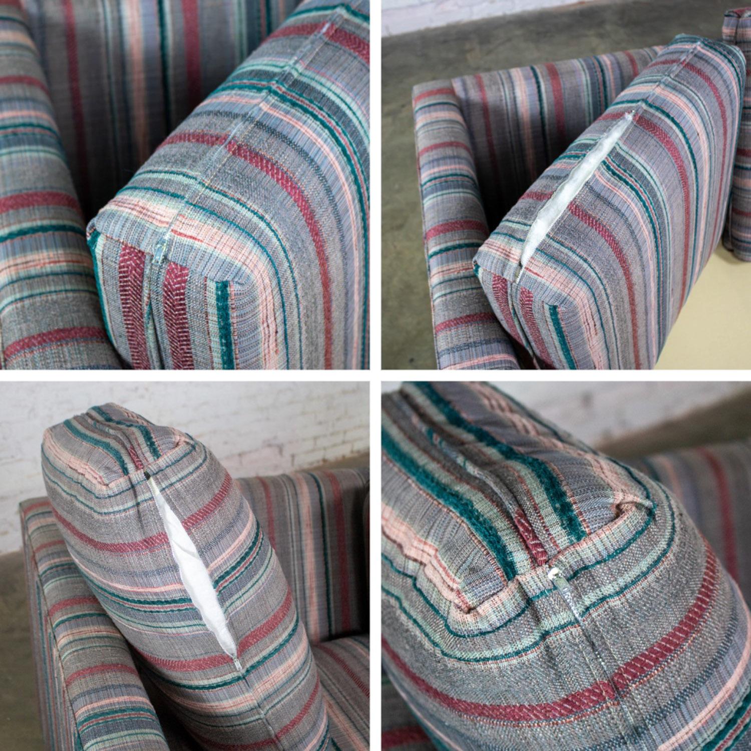1987 Modern Tuxedo Style Sofa by Thomasville Navy, Gray, Red, & Lavender Striped For Sale 9