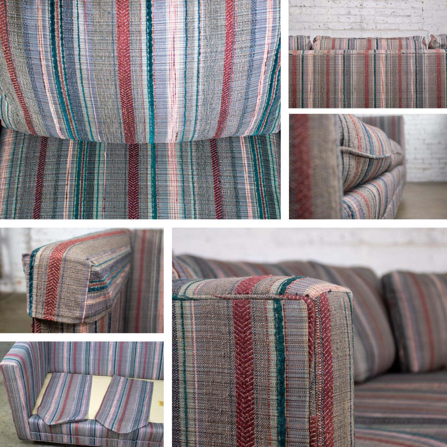 1987 Modern Tuxedo Style Sofa by Thomasville Navy, Gray, Red, & Lavender Striped For Sale 10