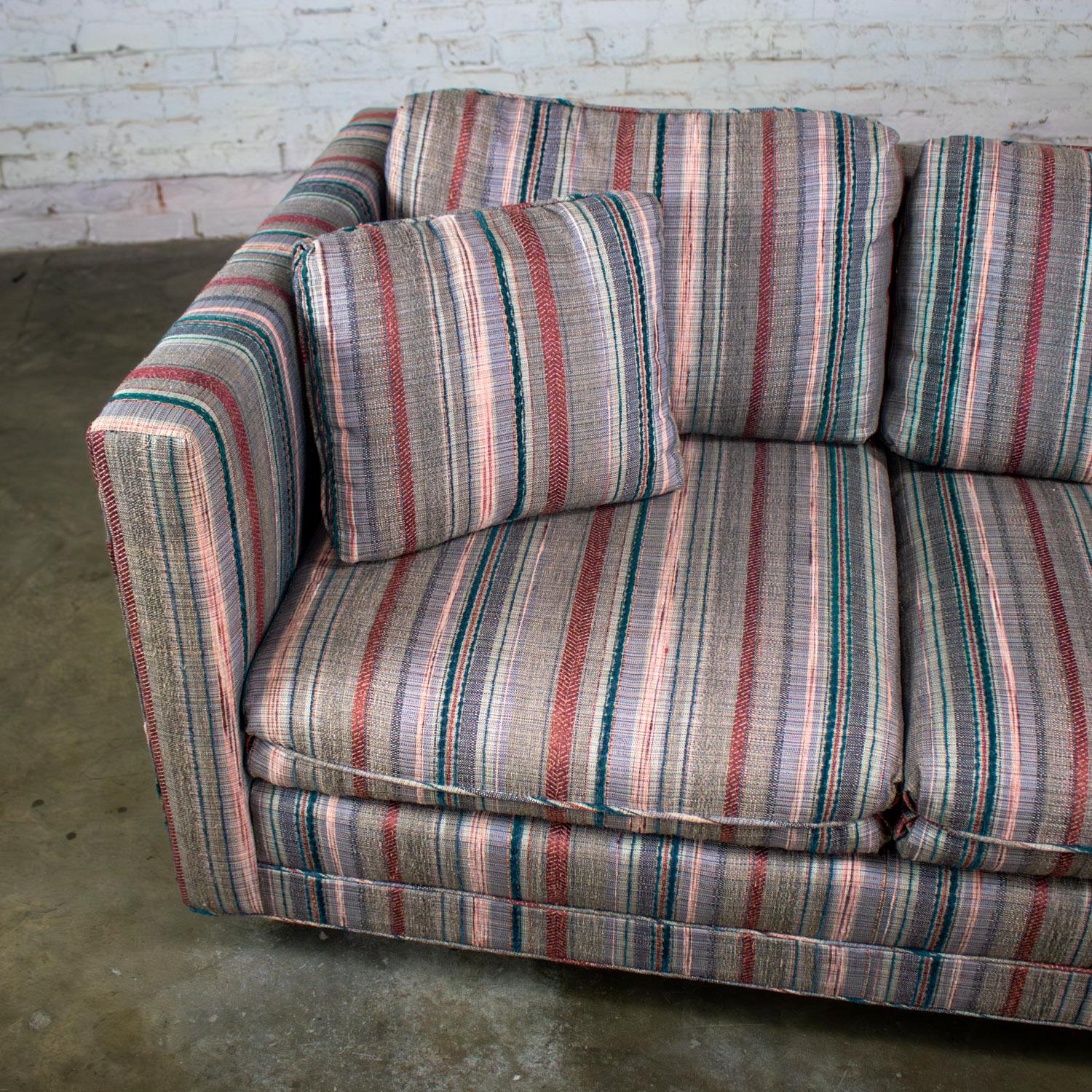1987 Modern Tuxedo Style Sofa by Thomasville Navy, Gray, Red, & Lavender Striped For Sale 11