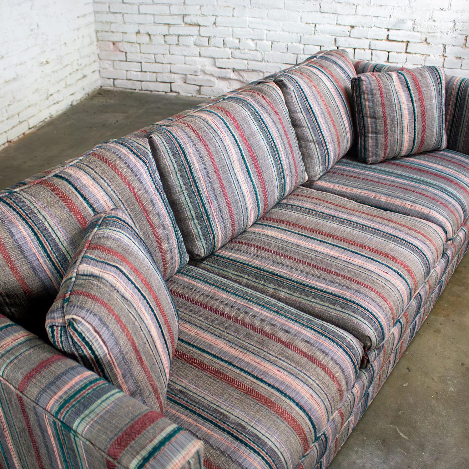 1987 Modern Tuxedo Style Sofa by Thomasville Navy, Gray, Red, & Lavender Striped For Sale 12