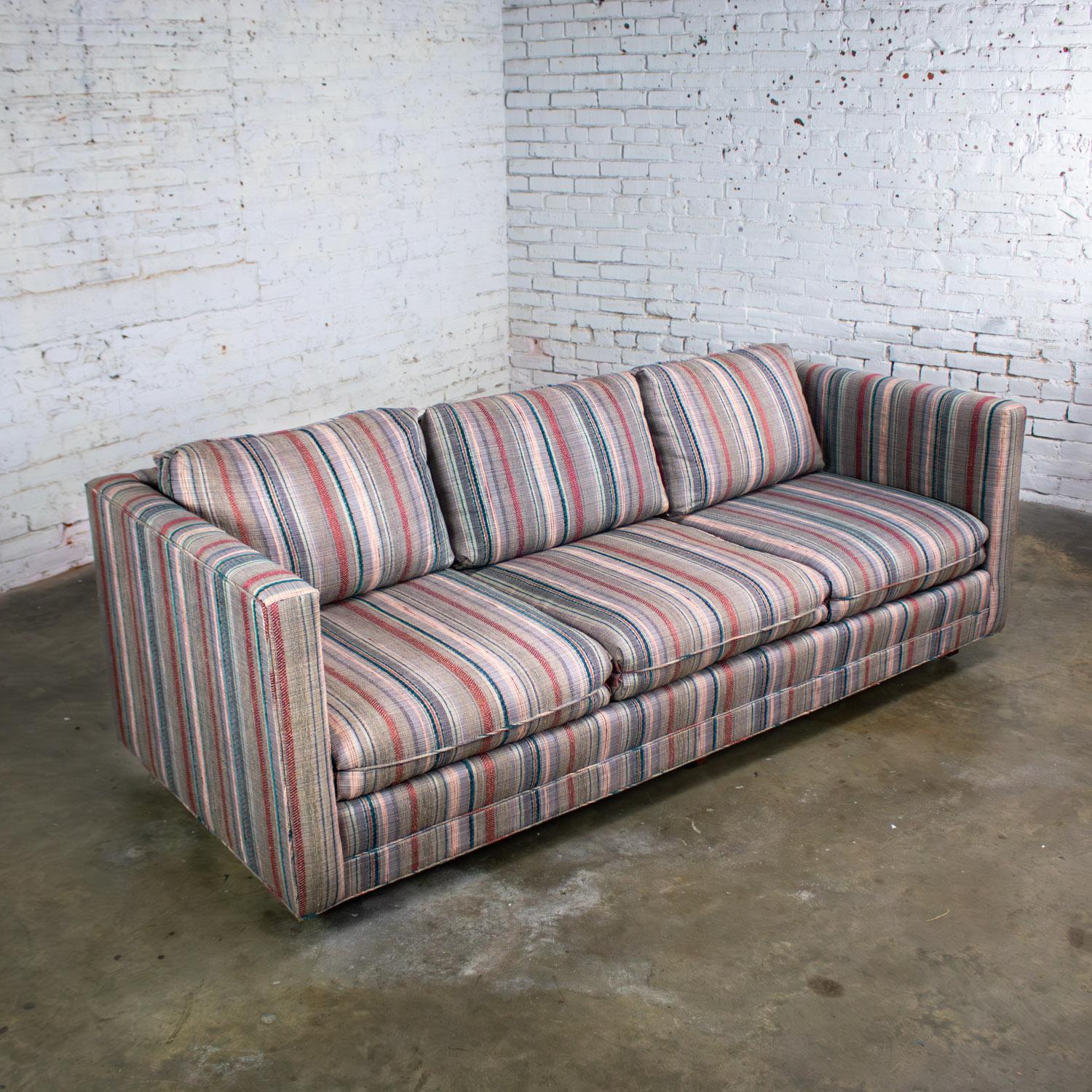 Fantastic vintage Modern tuxedo style sofa by Thomasville with navy, gray, lavender, & red, (might even have some black & pink) striped upholstery on 3 loose zippered foam & poly seat cushions, 3 loose zippered foam & poly back pillow cushions, 2
