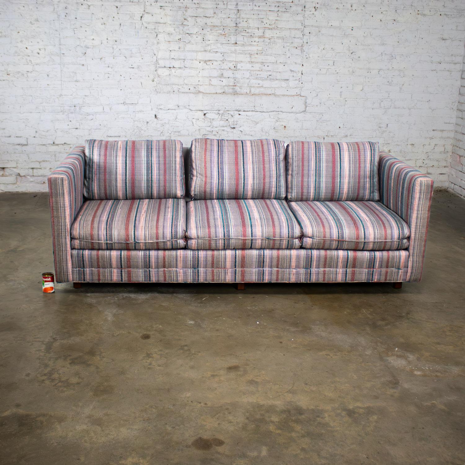1987 Modern Tuxedo Style Sofa by Thomasville Navy, Gray, Red, & Lavender Striped For Sale 14