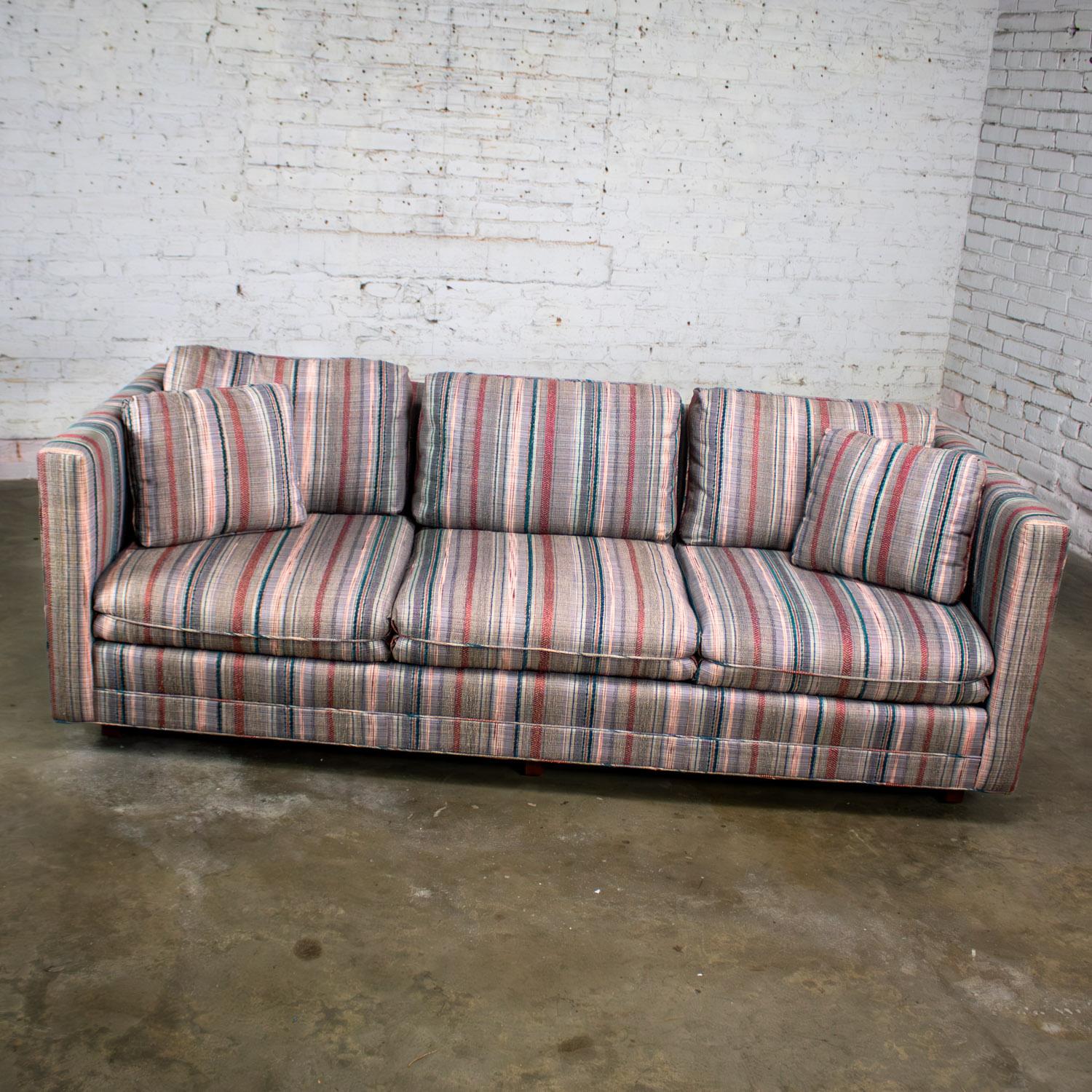 American 1987 Modern Tuxedo Style Sofa by Thomasville Navy, Gray, Red, & Lavender Striped For Sale