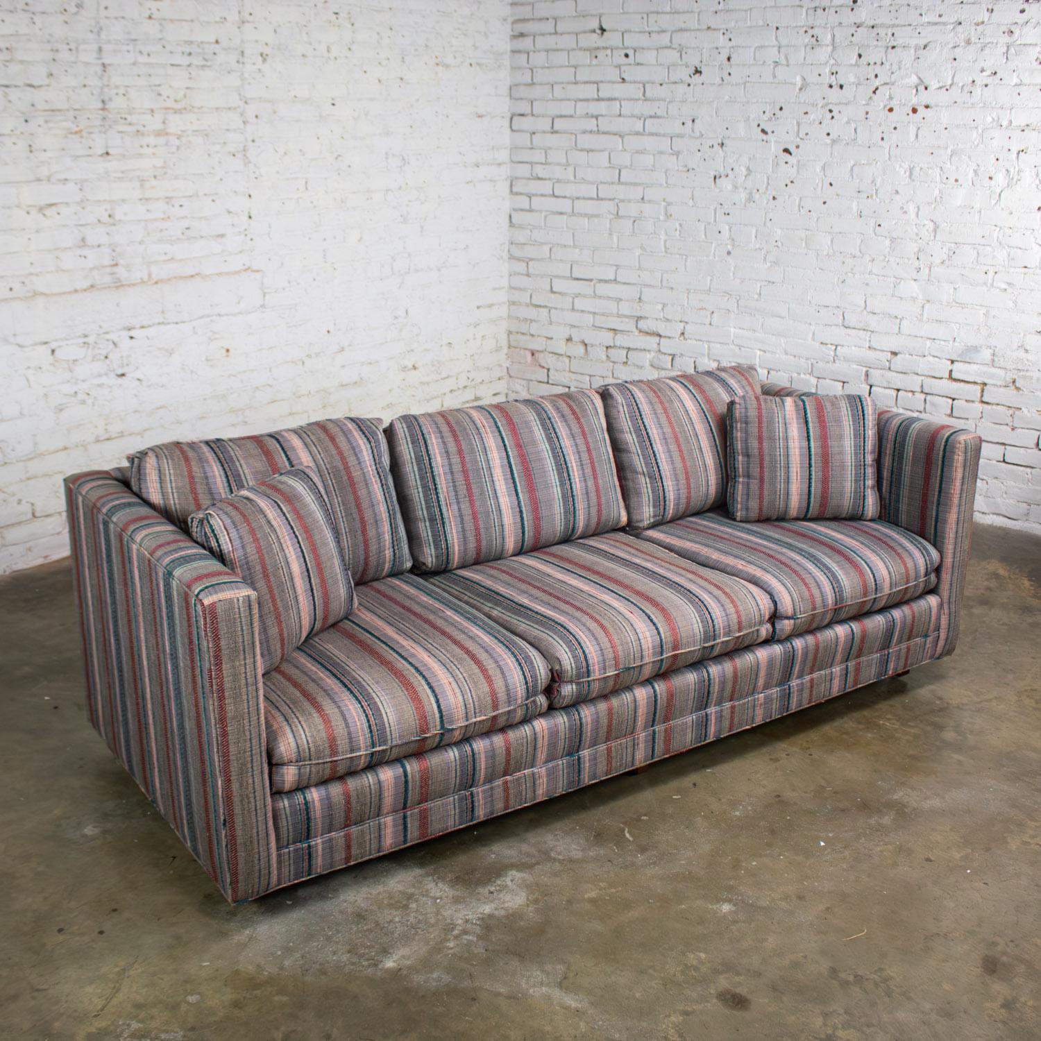1987 Modern Tuxedo Style Sofa by Thomasville Navy, Gray, Red, & Lavender Striped In Good Condition For Sale In Topeka, KS