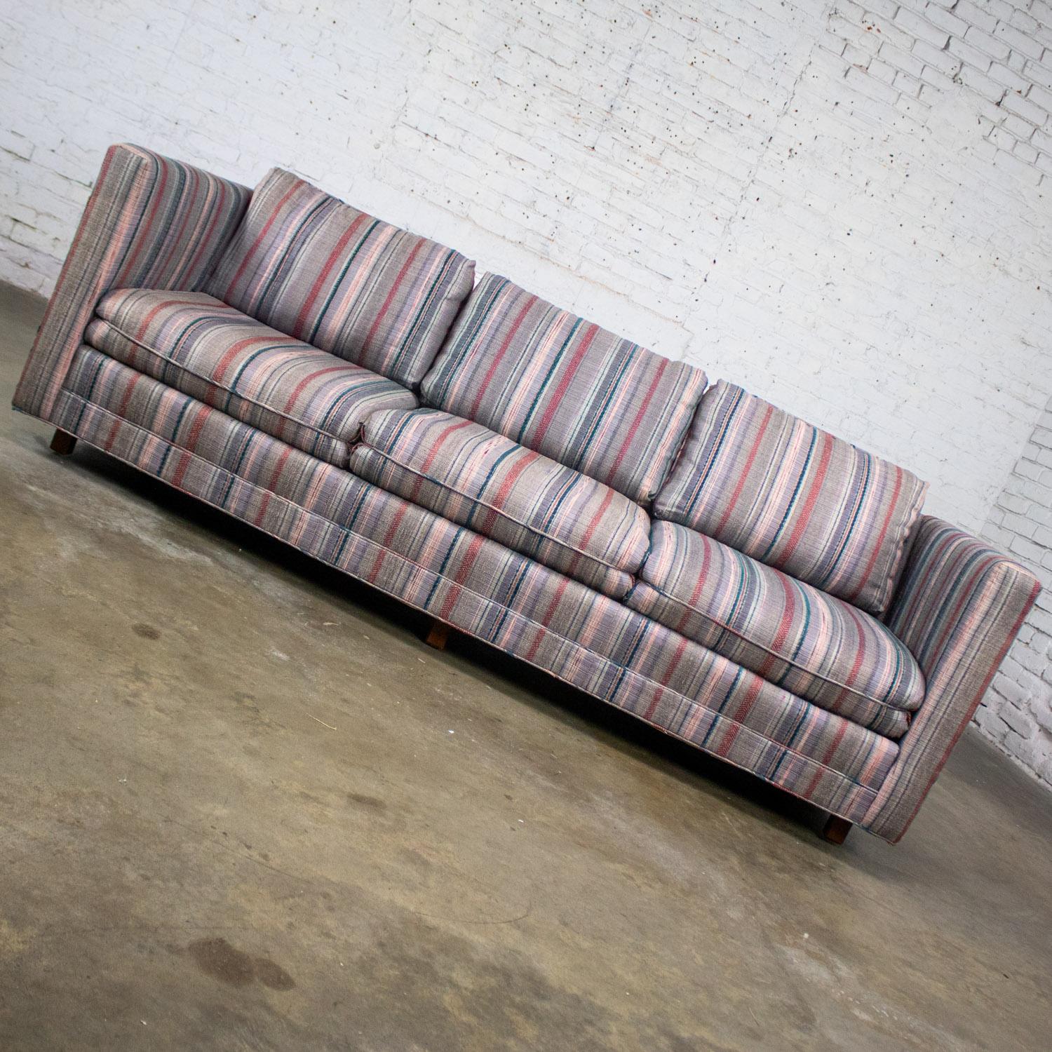 Late 20th Century 1987 Modern Tuxedo Style Sofa by Thomasville Navy, Gray, Red, & Lavender Striped For Sale
