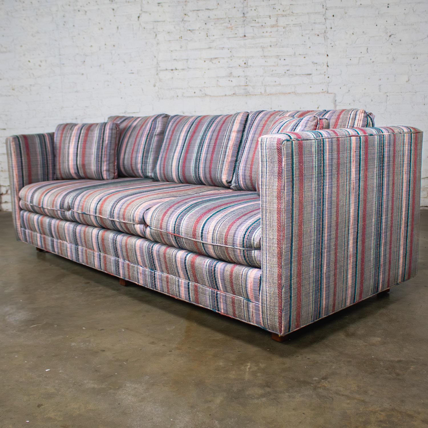 Fabric 1987 Modern Tuxedo Style Sofa by Thomasville Navy, Gray, Red, & Lavender Striped For Sale