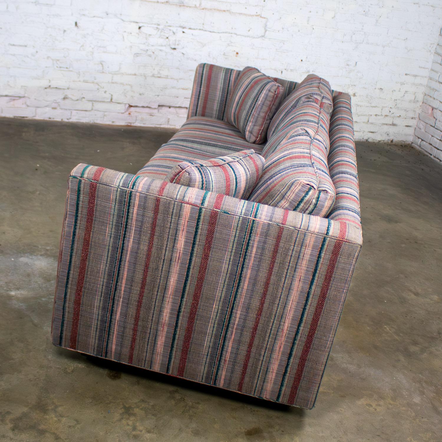 1987 Modern Tuxedo Style Sofa by Thomasville Navy, Gray, Red, & Lavender Striped For Sale 1