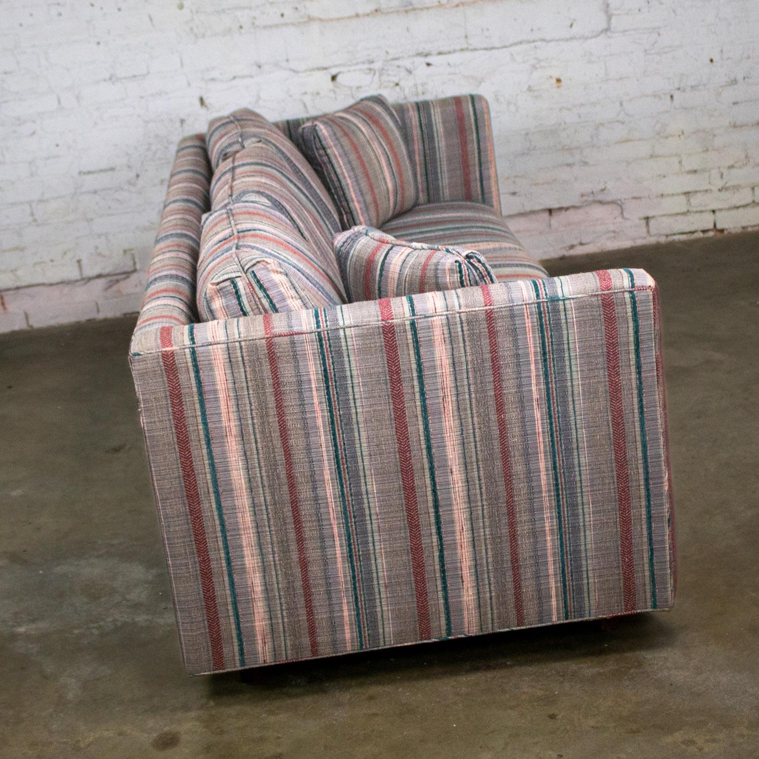 1987 Modern Tuxedo Style Sofa by Thomasville Navy, Gray, Red, & Lavender Striped For Sale 2