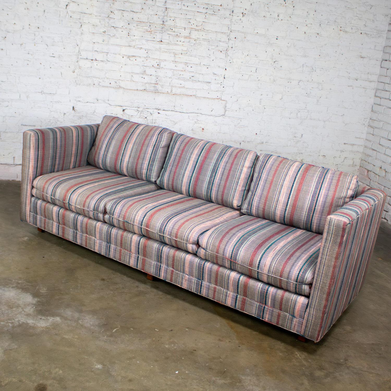 1987 Modern Tuxedo Style Sofa by Thomasville Navy, Gray, Red, & Lavender Striped For Sale 3