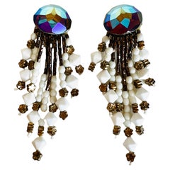 1987 Nightingale Beaded Tassel Blue White Dangle Clip on Earrings 1987 Nightingale Beaded Tassel Blue White Dangle Clip on Earrings