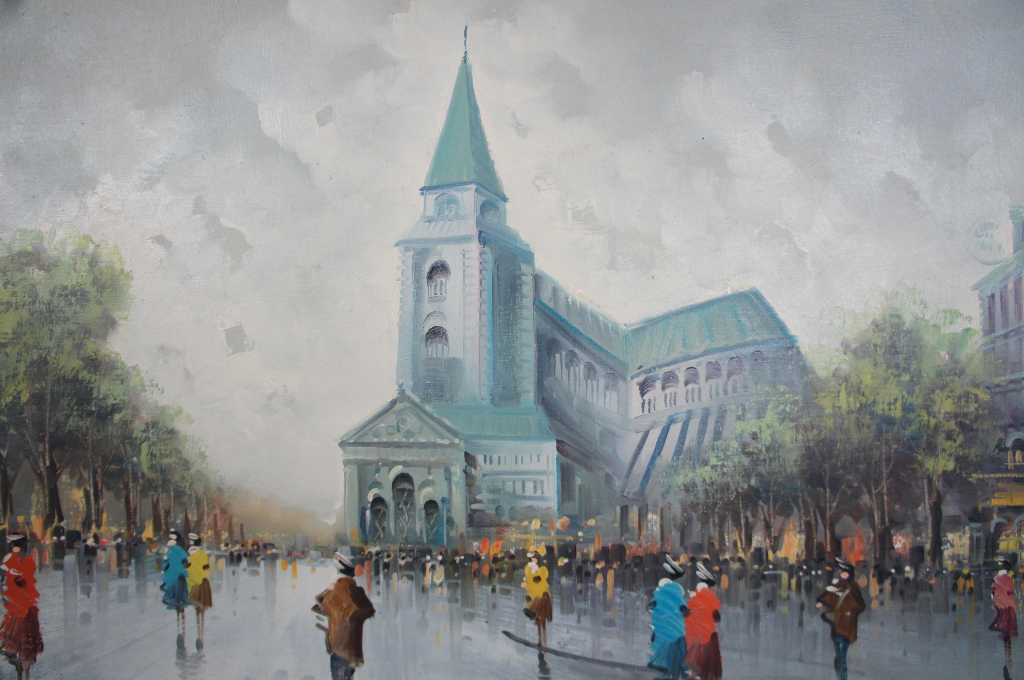 Canvas 1987 Paris Impressionist Street Scene Cityscape Oil Painting Antonio Devity For Sale