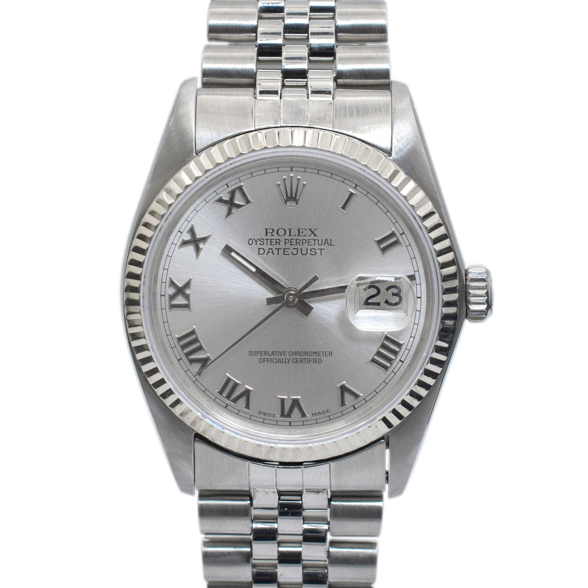 Brand: Rolex

Gender: Unisex

Metal Type: Stainless Steel

Diameter: 36.00 mm

Weight: 88.90 grams

Stainless steel, ROLEX Swiss-made watch. The 