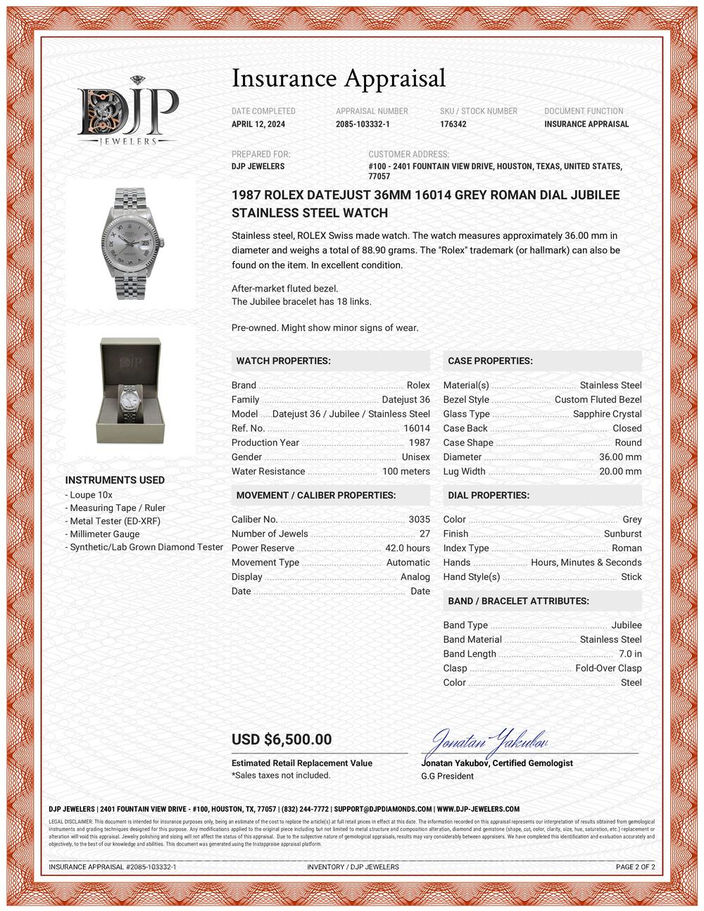 Rolex, montre Datejust 36MM 16014 avec cadran romain gris Jubilee en acier inoxydable, 1987 en vente 4