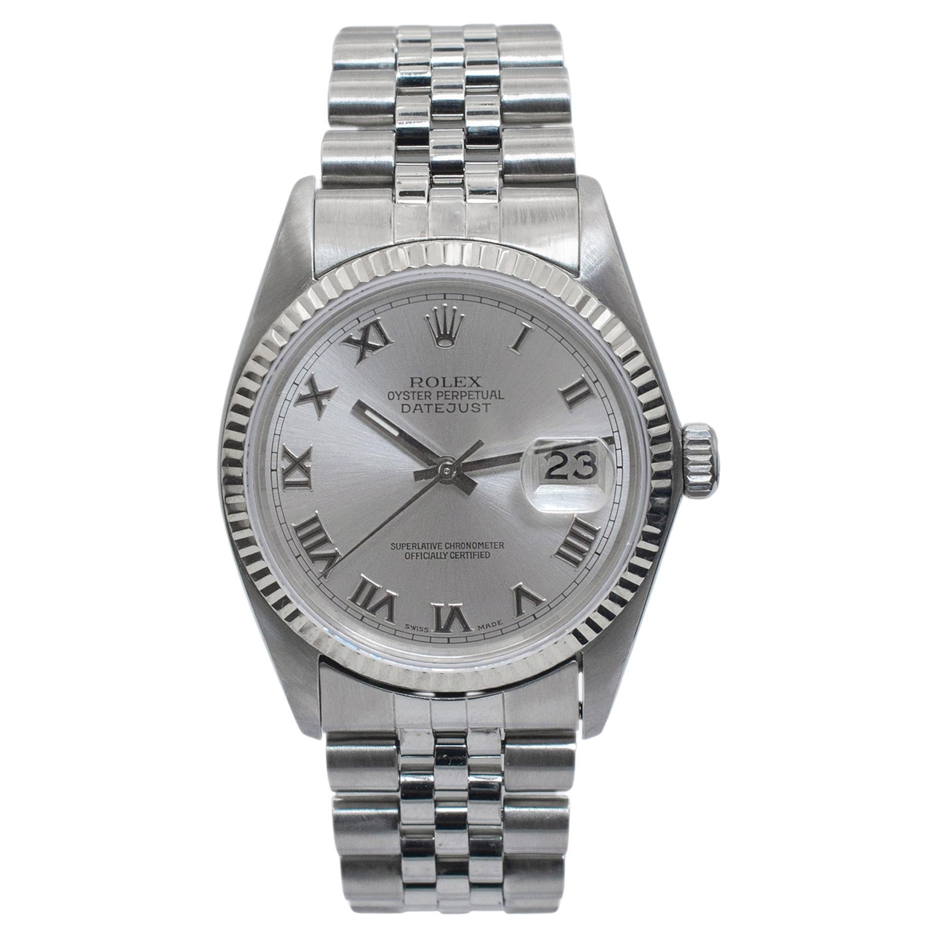 1987 Rolex Datejust 36MM 16014 Grey Roman Dial Jubilee Stainless Steel Watch For Sale
