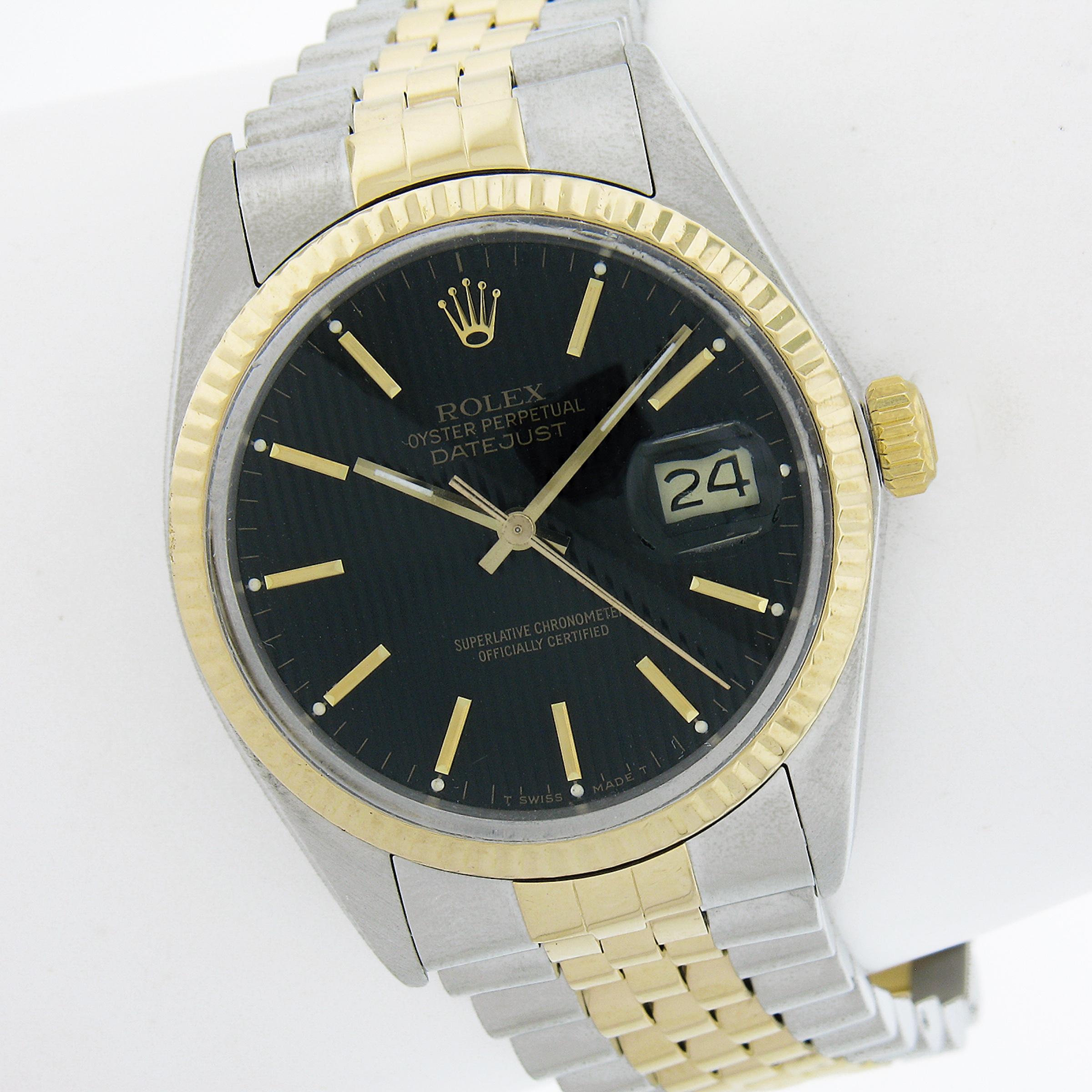 1987 Rolex Datejust Black Tapestry Dial 36mm Jubilee Watch Ref 16013 w/ Papers For Sale 1