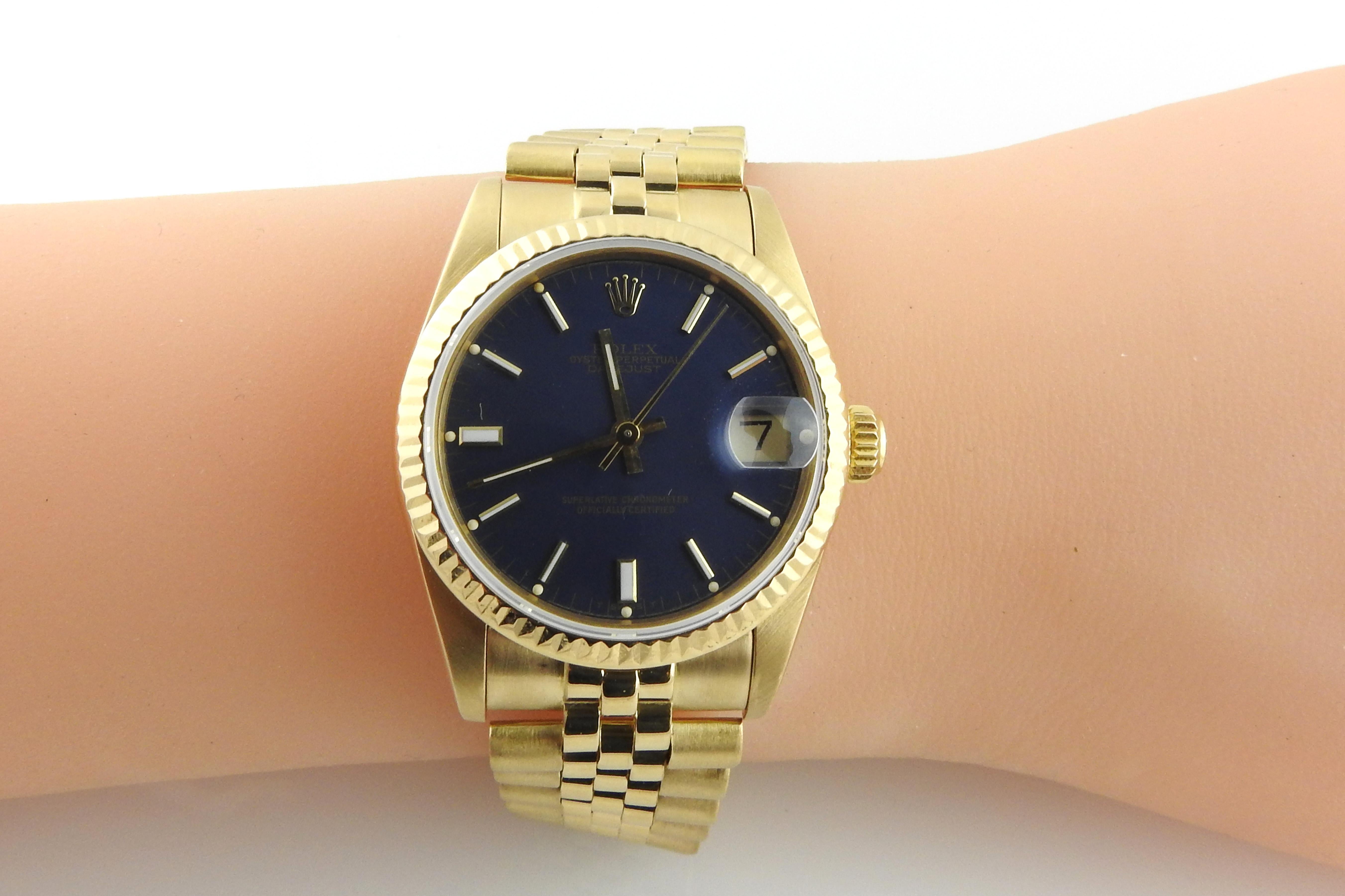 1987 Rolex Midsize 68278 18K Gelbgold Uhr blaues Zifferblatt Jubiläumsband 9