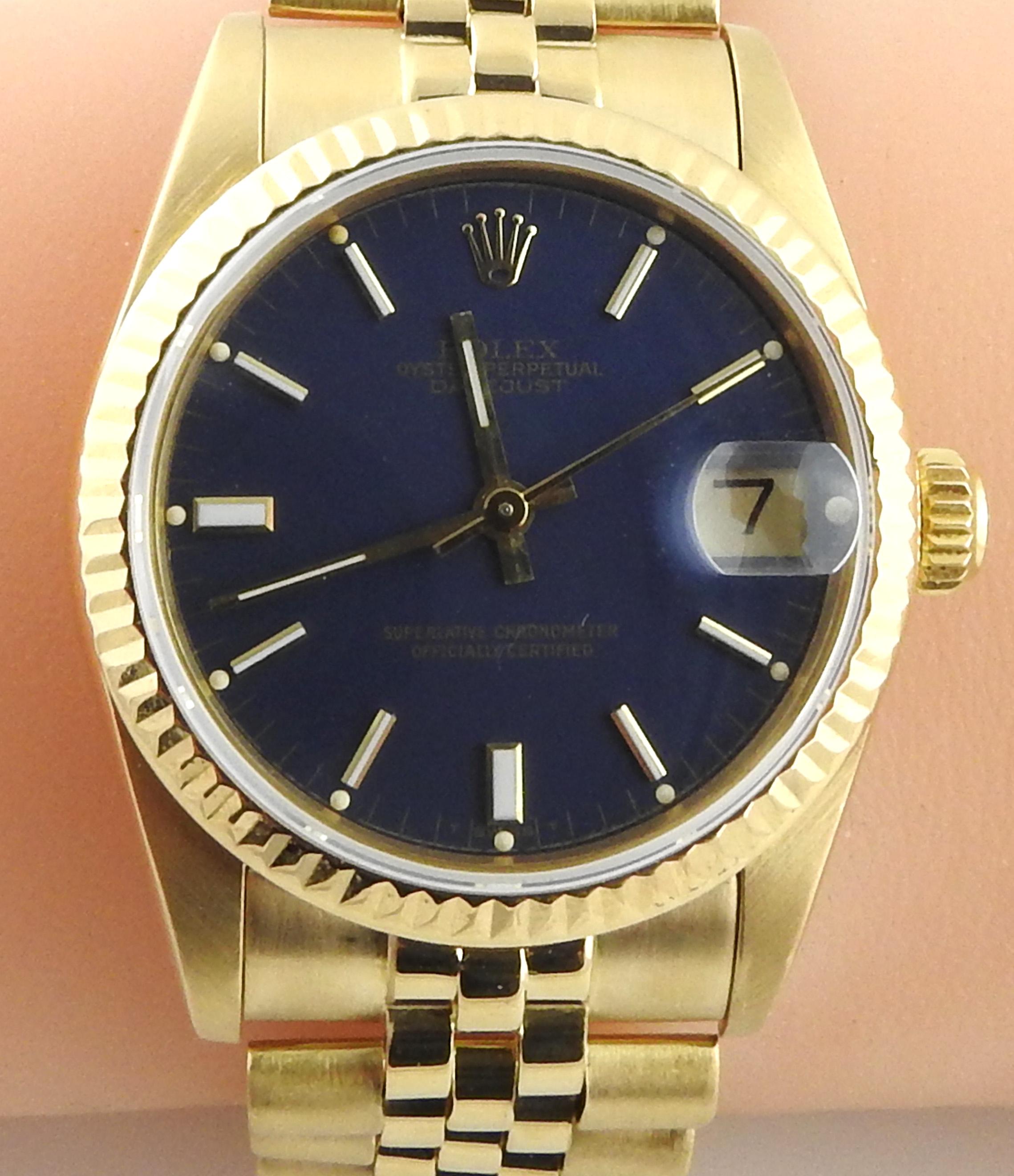 1987 Rolex Midsize 68278 18K Yellow Gold Watch Blue Dial Jubilee Band 7