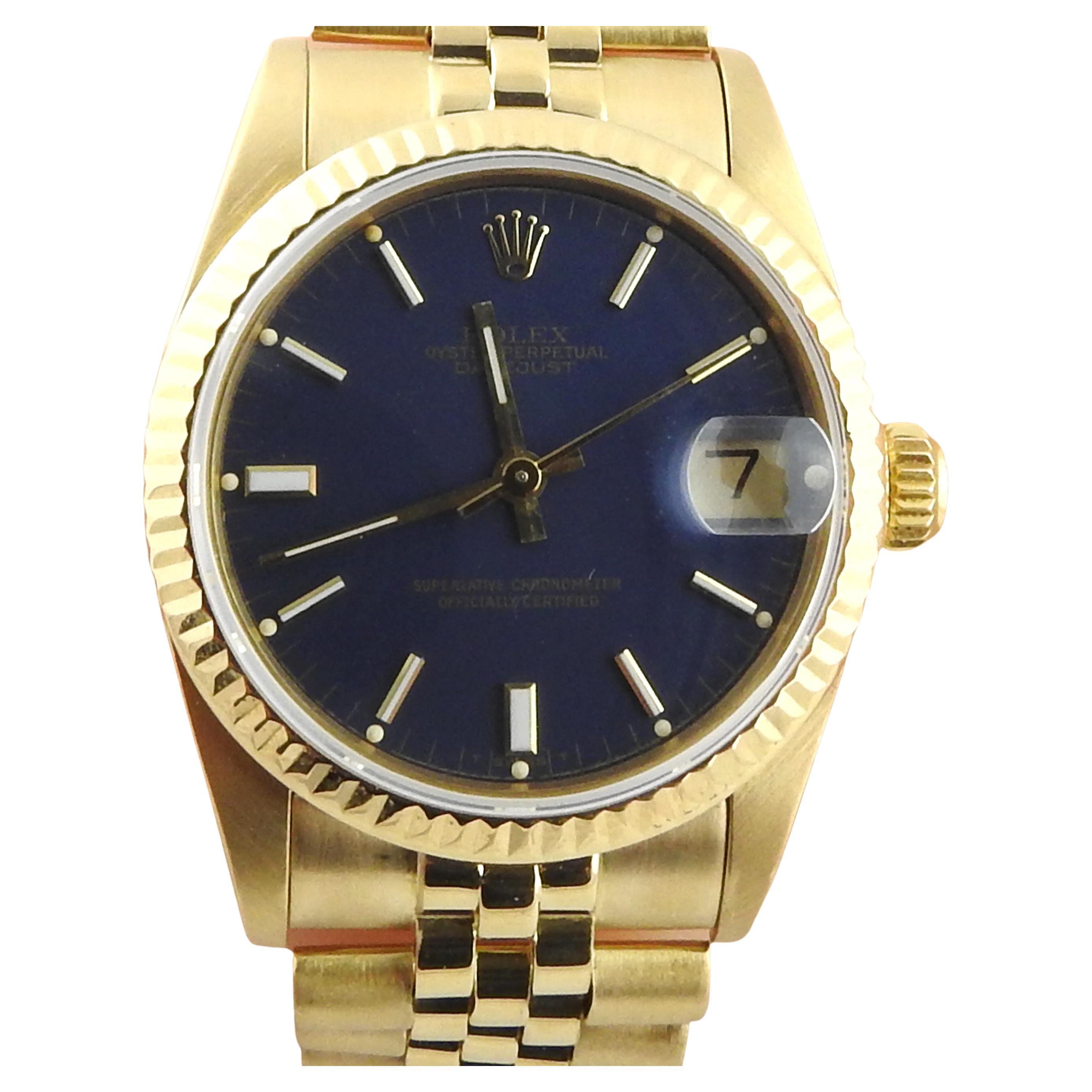 1987 Rolex Midsize 68278 18K Yellow Gold Watch Blue Dial Jubilee Band
