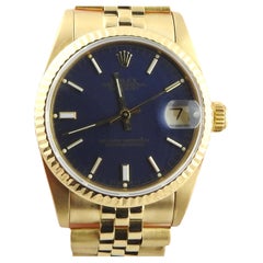 1987 Rolex Midsize 68278 18K Gelbgold Uhr blaues Zifferblatt Jubiläumsband