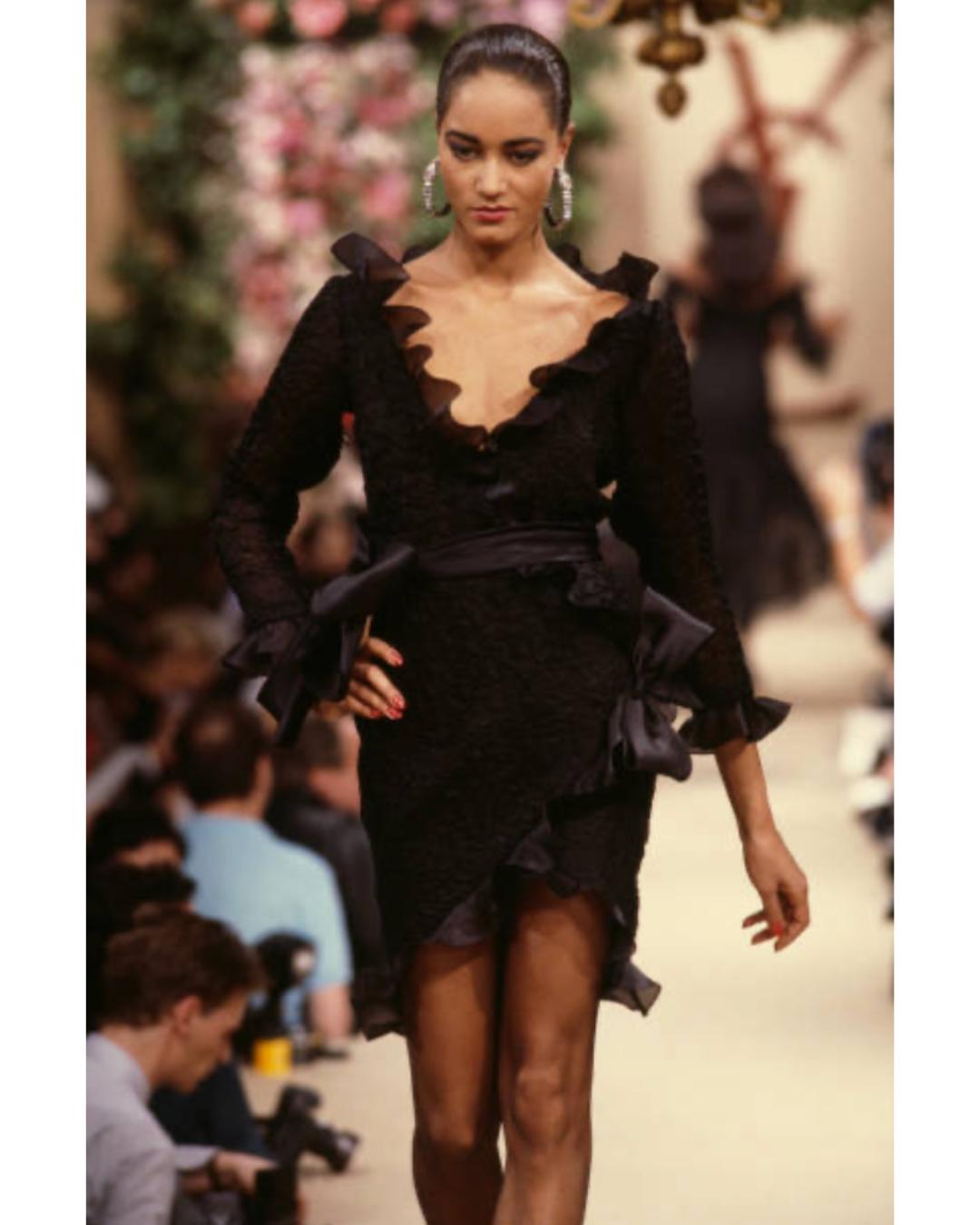 1987 Saint Laurent Runway Black Crinkle Dress with Taffeta Ruffles For Sale 2
