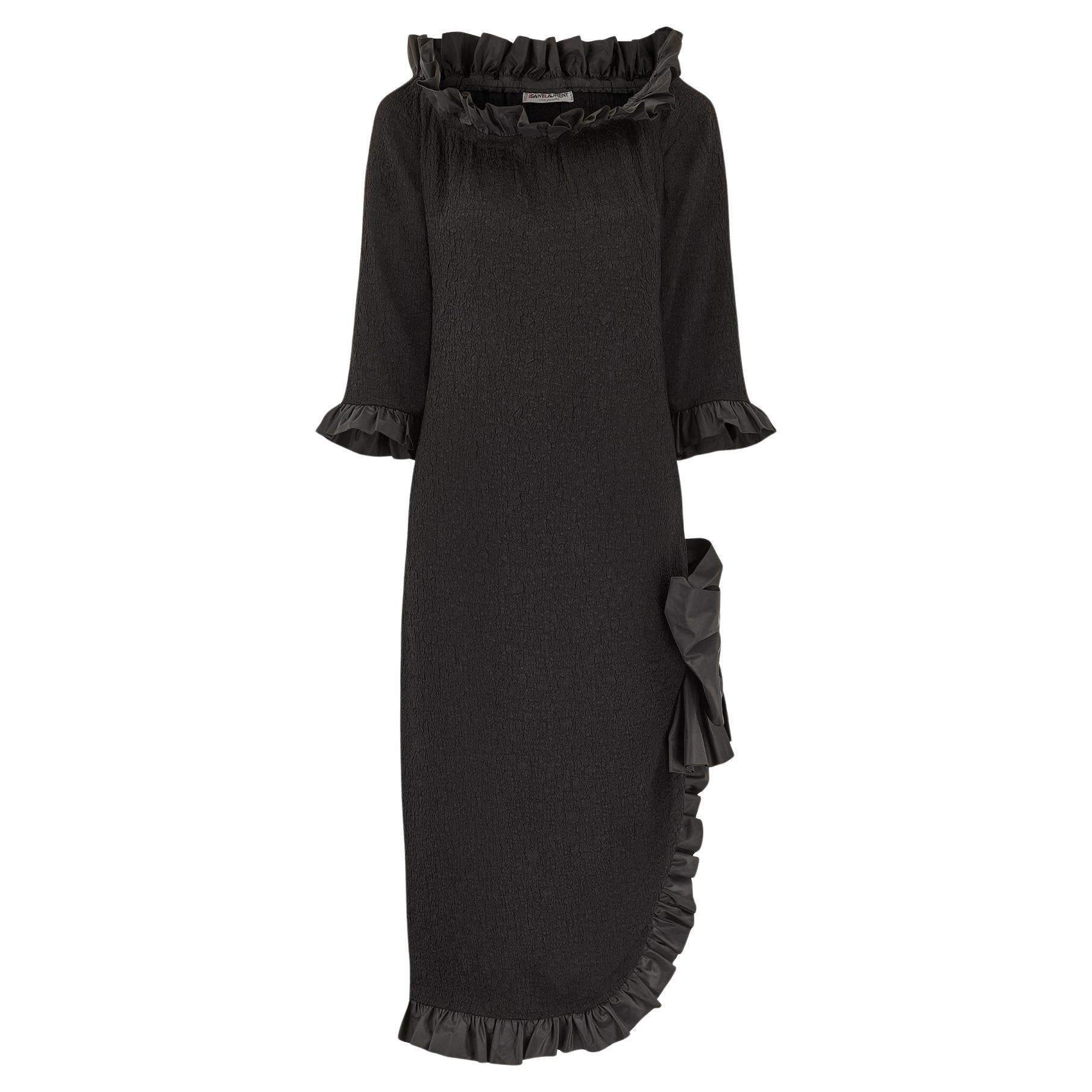 1987 Saint Laurent Runway Black Crinkle Dress with Taffeta Ruffles For Sale