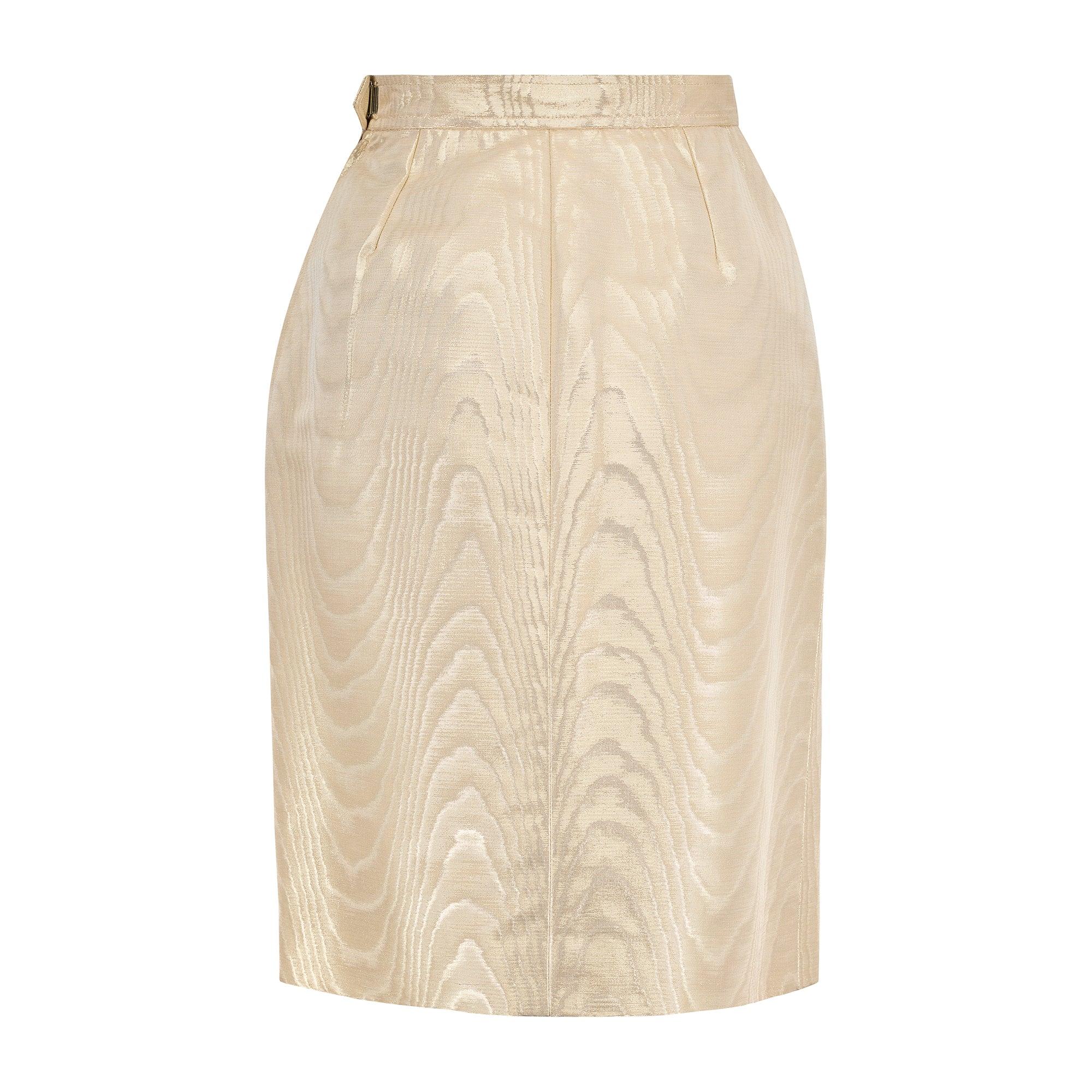 1987 Saint Laurent Runway Documented Gold Moiré Pencil Skirt In Excellent Condition For Sale In London, GB